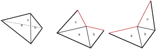 Different ways to unfold a triangular pyramid.