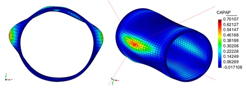 View of the deformed shape at the end of the analysis with an indication of the most damaged material point in the geometry