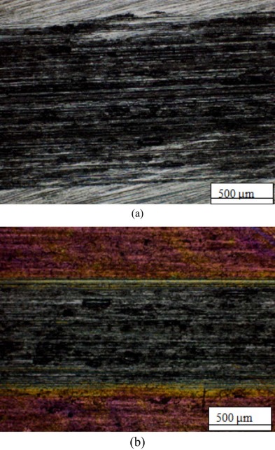 Optical micrograph of (a) substrate and (b) typical coating after the friction ...
