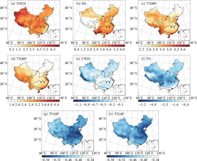 Spatial distribution of the linear trends in the extreme climate indices in ...