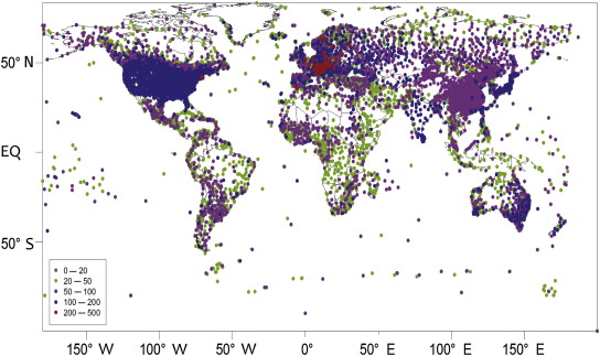 Spatial distribution for the stations of monthly mean temperature with time span ...