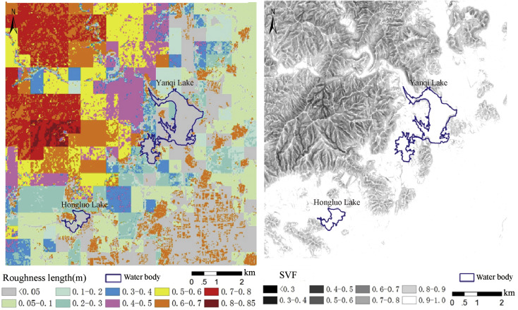 Roughness length (left) and sky view factor (right) of the Yanqi Lake ecological ...