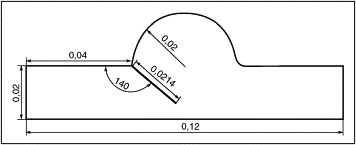 Geometría del modelo de validación de la válvula aórtica. Dimensiones en metros.