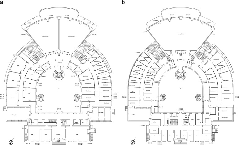 (a) Plan of the ground and (b) first floors today. The huge drawing rooms in the ...