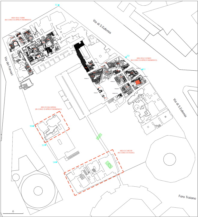 Palazzo Valentini: plan of the cellars with the archaeological remains.