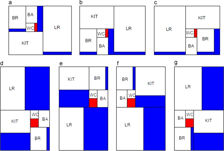 Seven different spiral-based rectangular floor plans.