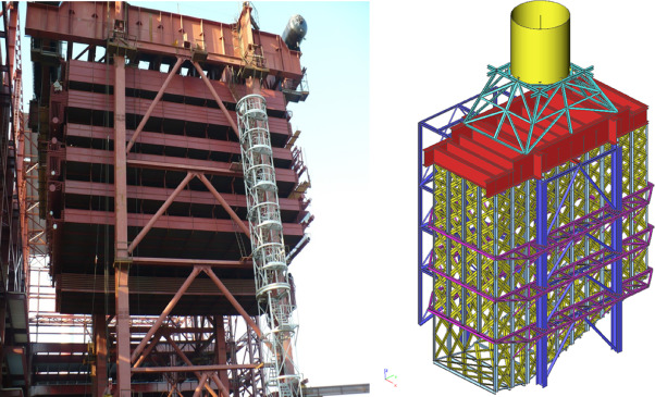 Vertical HRSG boiler (real facility on the left, 3D FEM model on the right).