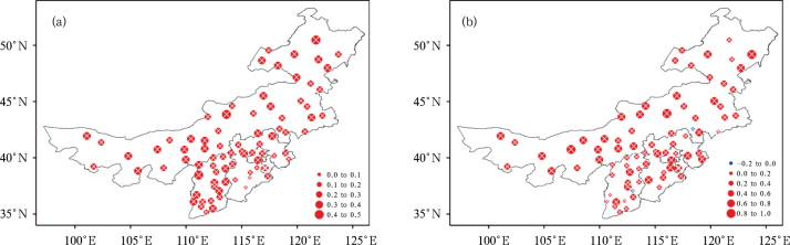 Spatial distributions of linear trends in annual mean maximum (a) and minimum ...