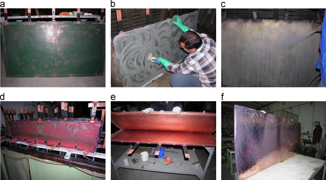 Steps in the copper plate production process: a) composite starting surface, b) ...