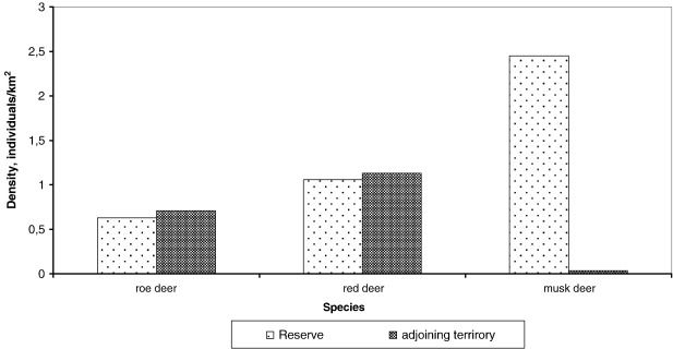 Density of hoofed animals in pine-broadleaved forests of the reserve (1 study ...