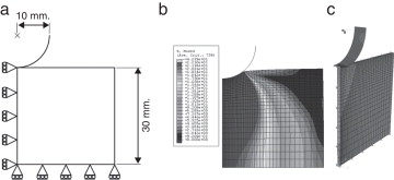 Indentación de un bloque de UHMWPE: a) geometría y condiciones de contorno del ...