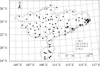 Spatial distribution of linear trends in annual mean temperature in South China ...