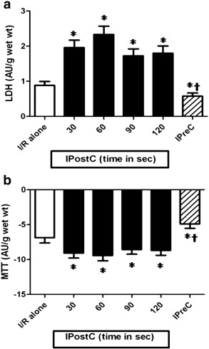 The effect of the ischemic time (30,60, 90 and 120s) in IPost on the (a) LDH ...