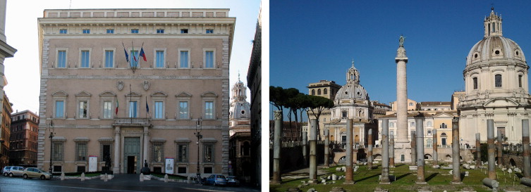 Palazzo Valentini: main facades on piazza SS. Apostoli (left) and the Trajan׳s ...