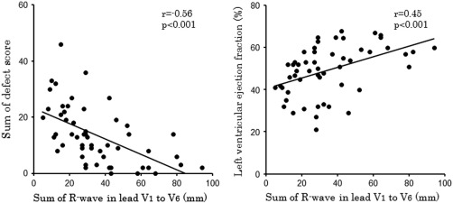 The sum of R-wave in lead V1 to V6 inversely correlated with the sum of defect ...