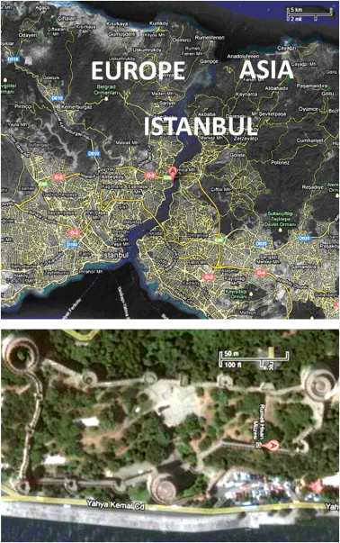 Satellite image and map of the bophorus (A: Rumeli Hisarı).