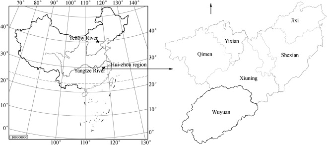 Hui-zhou region in China and its six counties.