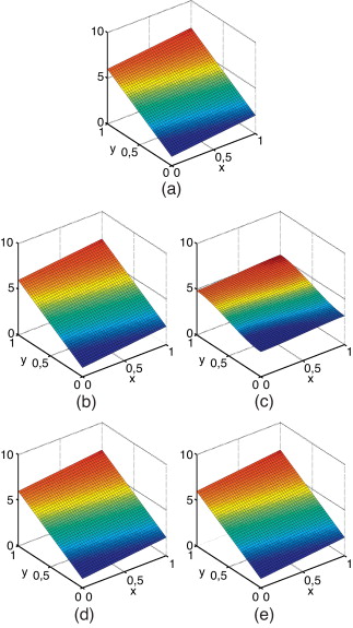 Test de validación con (a) u(x)=u(x, y)=1+x+5y. Soluciones u˜, donde u˜=(u˜,u˜), ...