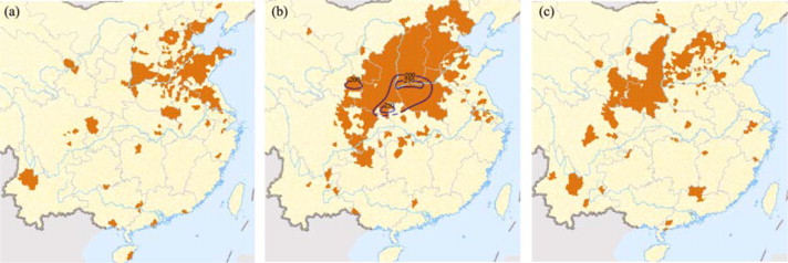 Drought-hit areas in 1876 (a), in 1877 (b), and in 1878 (c) in China (the blue ...