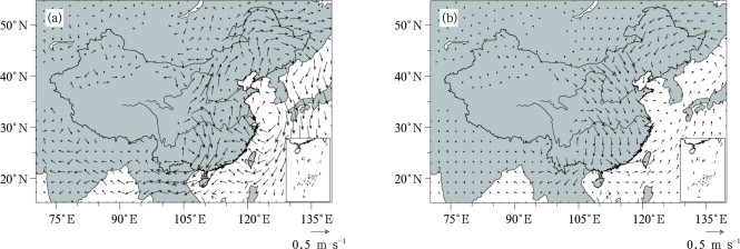Differences of 850 hPa winds (RCM_M minus RCM_C) over China and its neighboring ...