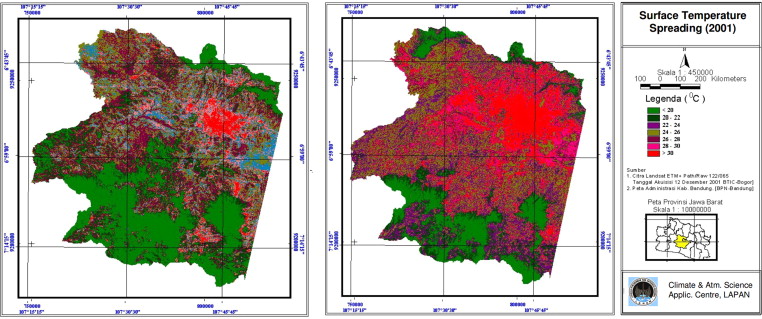 Surface temperature of Bandung spreading to the left (1994) and to the right ...