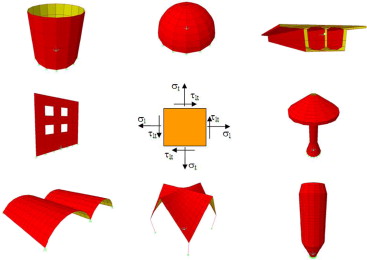 Estruturas complexas modeladas utilizando elementos de membrana.