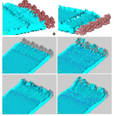 3D simulation of the impact of a wave on a collection of rocks in a breakwater.