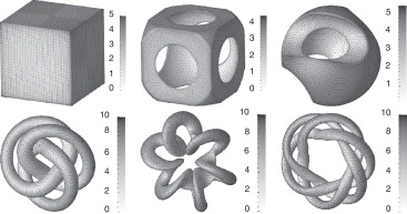 Geometrías intrincadas o con aristas. Arriba: cubo unitario (izq.), hollow cube ...