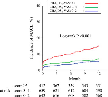 Kaplan–Meier analysis of major adverse cardiac events (MACE) by CHA2DS2-VASc ...