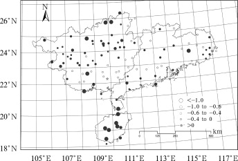 Spatial distribution of linear trends in annual rainy days in South China during ...