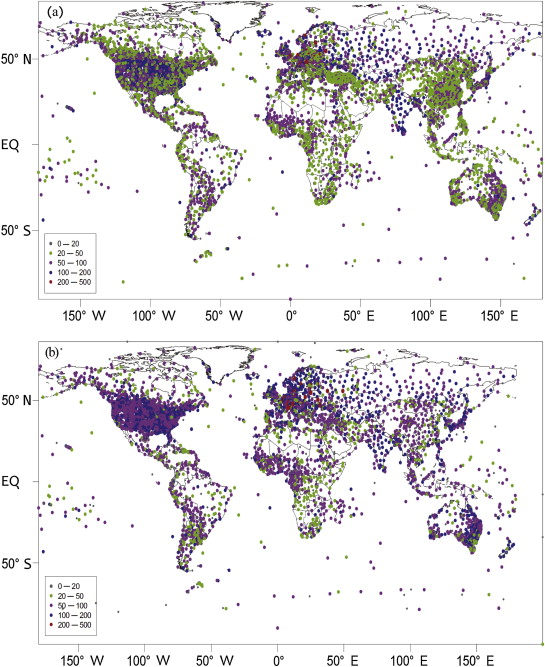 Spatial distribution for stations with time span in (a) GHCN-V3, and (b) CRUTEM3 ...