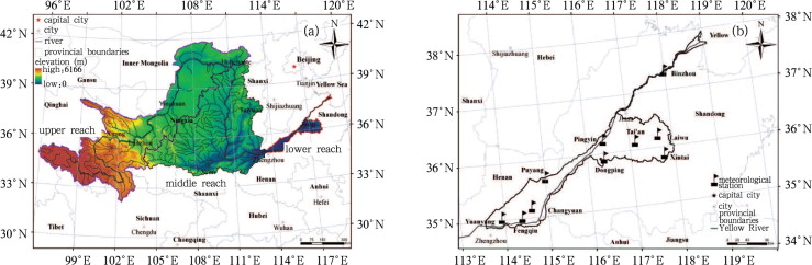 Spatial location of (a) the lower Yellow River Basin, and (b) the meteorological ...