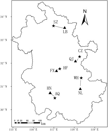 The locations of five urban meteorological stations (indicated by stars), i.e., ...