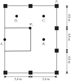 Planta de una edificación de 3 plantas. Dimensiones y puntos de observación para ...