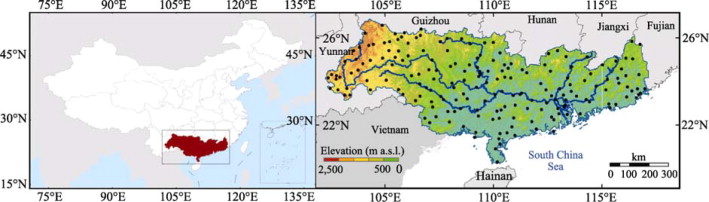 Location of meteorological stations of the Zhujiang River Basin, South China, ...