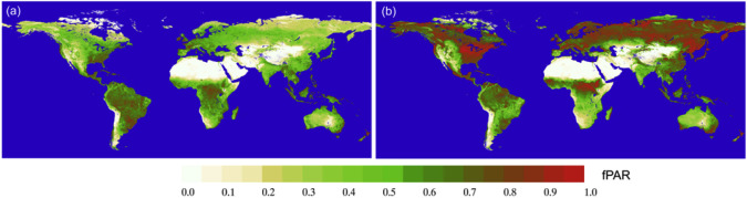 Spatial patterns of global fPAR,. (a) annual averaged fPAR in 2006, and (b) ...