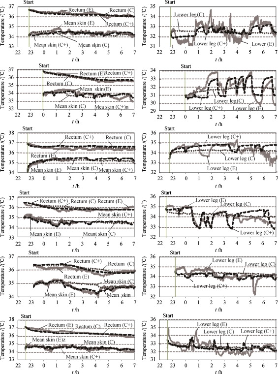 Skin and core temperatures (from top, 1st (summer), 2nd (summer), 1st (winter), ...