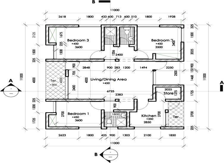 Typical floor plan of a 3-bedroom bungalow in one of the housing estates.