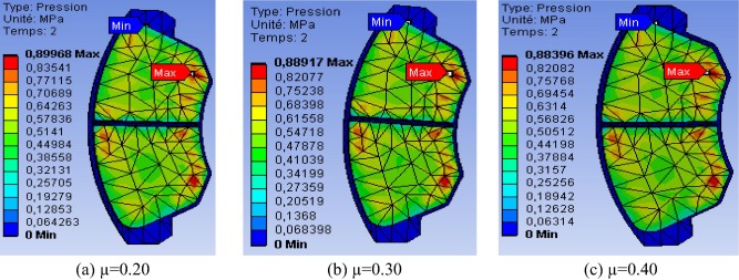 Interface contact pressure distribution on the pad at time t=2s.