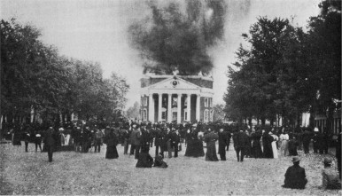 The Rotunda at the University of Virginia caught in fire, 1895.