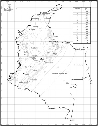 Zonificación sísmica para el coeficiente de diseño S1. Datos extraídos de [1].