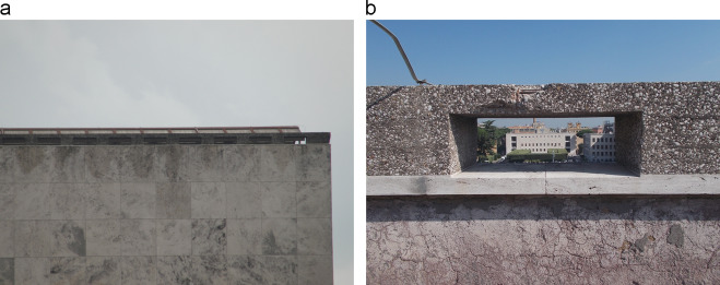 (a, b) Elevation and section of the front building with the visual axes that ...