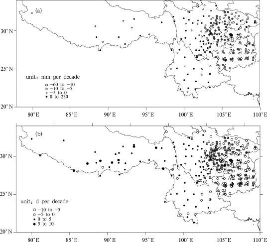 Spatial distributions of linear trends in extreme heavy precipitation amount (a) ...