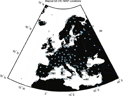 The distributions of the locations of the external climates in Europe.