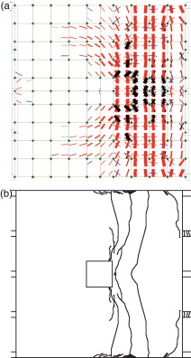 Fisuras en capa inferior del ábaco para δ=60mm; a)modelo 4; b)espécimen.
