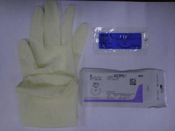 A pair of sterile surgical gloves, 2-0 nylon thread, and 1-0 RB-1 needle Vicryl ...