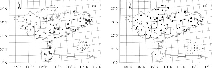 Spatial distribution of linear trends in (a) high-temperature days, and (b) ...