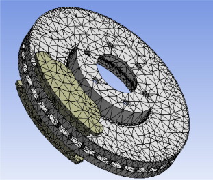 Voluminal meshing of the disc and pads giving the total number of nodes of 39208 ...