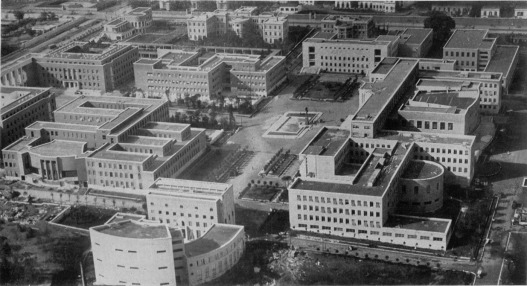 Aerial view of the university campus shortly after its completion (about 1940). ...