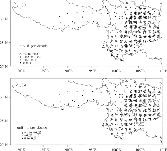 Spatial distributions of linear trends in annual rainy days (a) and rainy days ...